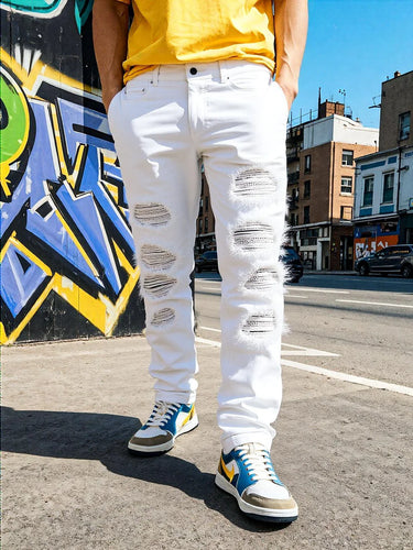 Men's Ripped White Jeans Fashion Slim Skinny Rhinestone Stretch Denim Pants With Holes